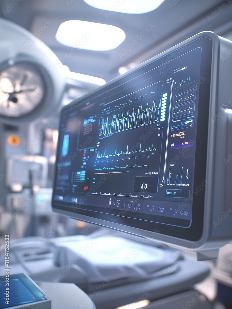 Fototapeta premium A high-tech medical monitoring system shows critical vital signs in a bright operating room. The monitors indicate patient health data as medical professionals prepare for surgery