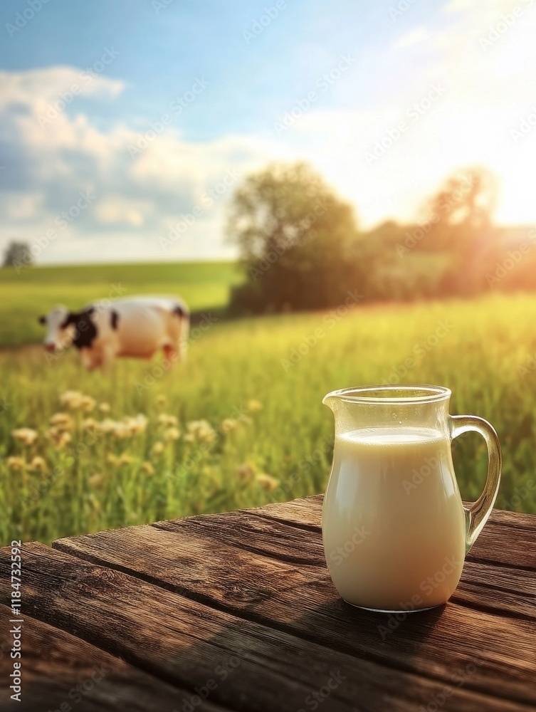 A glass jug filled with fresh milk is placed on a rustic wooden table in a scenic landscape. In the background, a cow grazes peacefully in a verdant field surrounded by flowers
