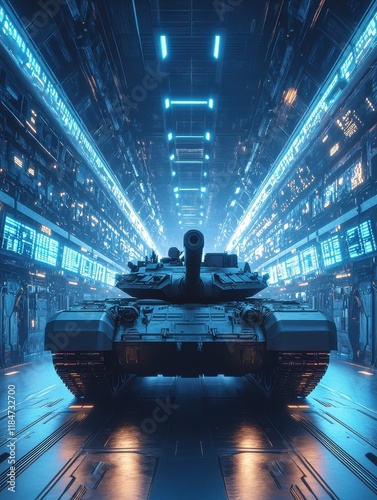 A military tank is showcased in a high-tech hangar filled with glowing blue lights and digital screens. The environment highlights advanced technology in a modern setting