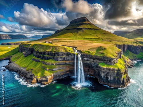 Faroe Islands' Bosdalafossur: a stunning summer drone shot, showcasing the waterfall's dramatic plunge into Sorvagsvatn. photo