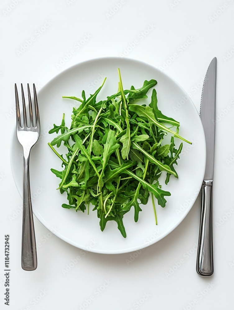 A generous serving of vibrant arugula is presented on a white plate, accompanied by a fork and knife, perfect for a nutritious dining experience