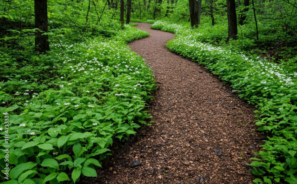 Serene Pathway Through Lush Green Forest with White Flowers Serene Pathway Through Lush Green Forest with White Flowers