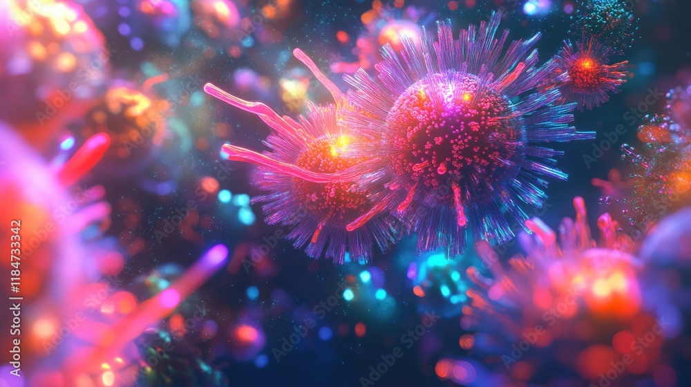 Microscopic view of a glowing virus, [virus, biology, digital concept], a futuristic representation of viral infection spreading in vibrant neon colors
