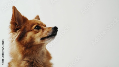 A cute brown dog gazes thoughtfully to the side, showcasing its fluffy fur and attentive expression. The neutral background provides ample copy space for captions or messages