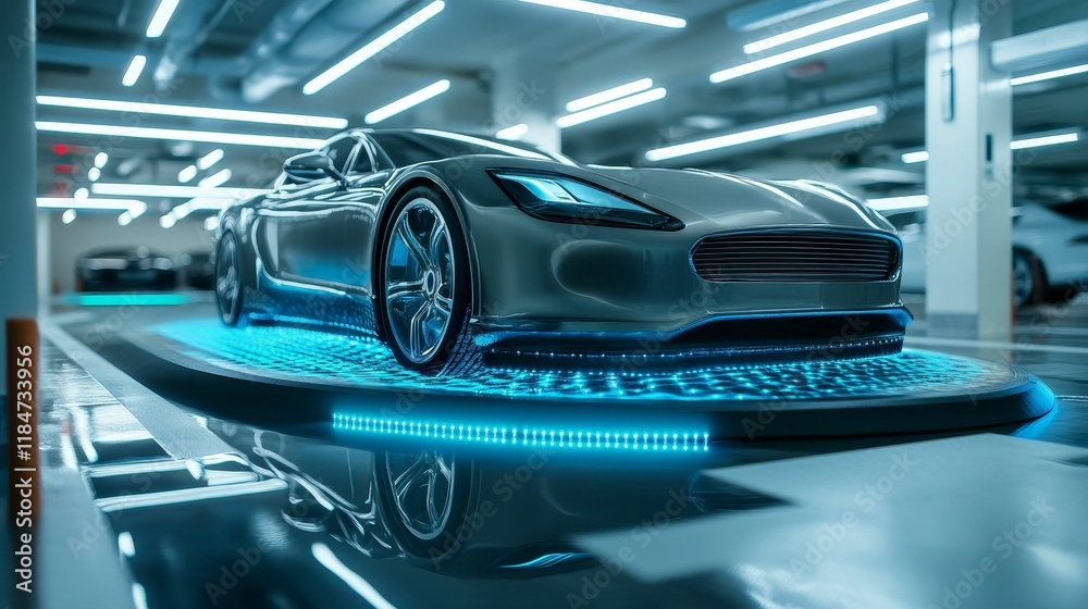 Futuristic car on illuminated platform, modern garage. Futuristic car on illuminated platform, modern garage.