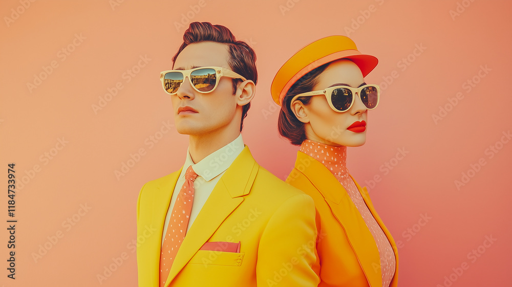 a side by side top model couple dressed in orange fashion theme a side by side top model couple dressed in orange fashion theme
