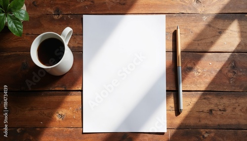 Photorealistic A4 paper mockup, blank white sheet lying flat on a rustic wooden table with a ceramic coffee cup beside it, soft natural lighting creating subtle shadows, warm and cozy composition [wit