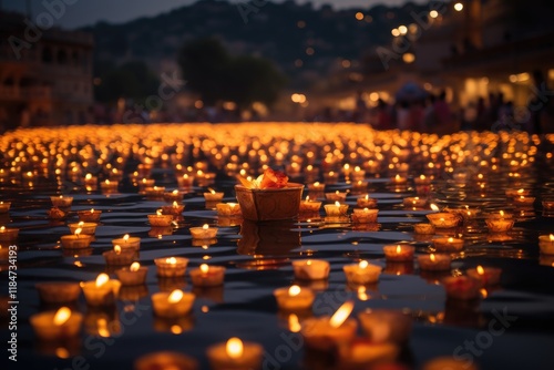 Floating diyas illuminated the river during the Diwali festival, creating a serene and magical atmosphere as people celebrate the festival of lights in the evening photo