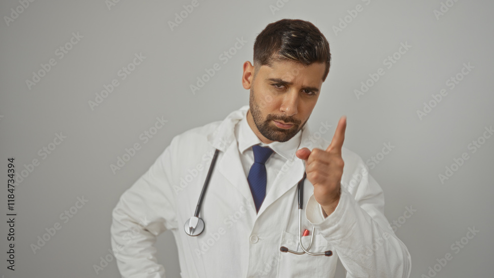 Handsome man wearing white coat with stethoscope over isolated white background pointing with finger showing disapproval. Handsome man wearing white coat with stethoscope over isolated white background pointing with finger showing disapproval.