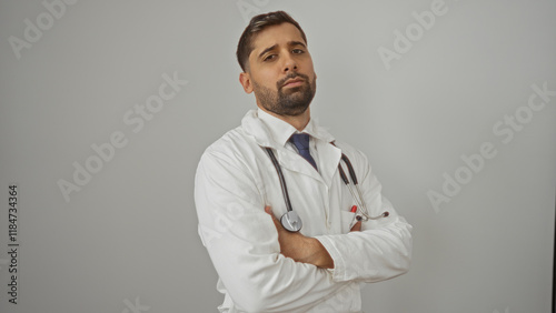 Confident male doctor standing with arms crossed isolated on white background wearing stethoscope portraying professionalism and authority in healthcare setting