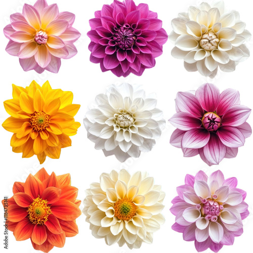Set Dahlia Various shapes and colors the national flower close-up, isolated on transparent background