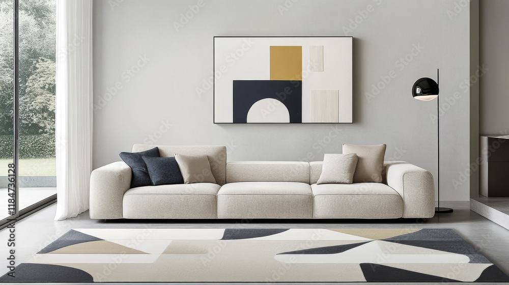 Fototapeta premium A high-resolution image of a minimalist living room with a neutral color palette, including a low-profile sofa, a geometric rug, and modern art on the walls.
