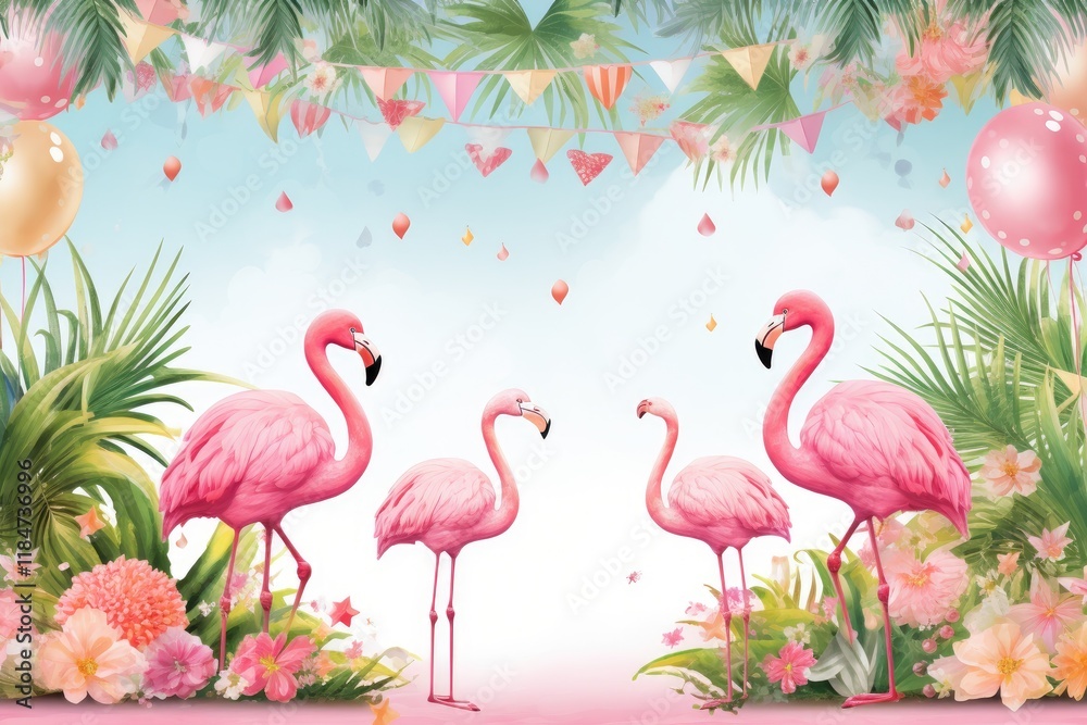 Obraz premium A vibrant tropical birthday banner with pink flamingos, lush green foliage, colorful balloons, and festive decorations, perfect for celebrating a joyful occasion in a sun-kissed environment