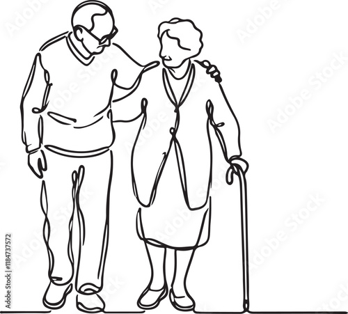 Grandparents Together. Grandma Helping Grandpa Walk - Vector Line Drawing