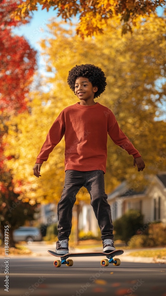 Young skateboarding enthusiast enjoying an autumn day, riding on a residential street surrounded by vibrant fall foliage in red and golden colors, wearing casual rust-colored sweater Young skateboarding enthusiast enjoying an autumn day, riding on a residential street surrounded by vibrant fall foliage in red and golden colors, wearing casual rust-colored sweater