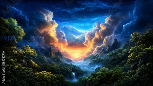 Wallpaper Mural A breathtaking fantasy landscape, vibrant with color and mystical energy. Lush greenery, majestic mountains, and a dramatic sky create a magical scene. Torontodigital.ca