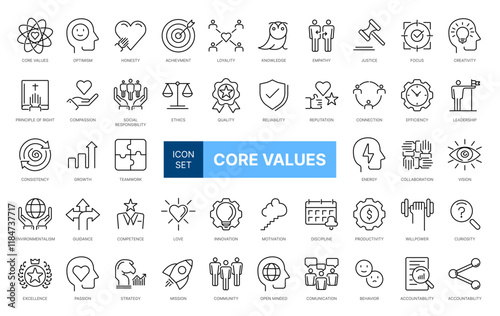 Set of icons core values. 49 vector images with editable stroke. Includes such qualities as performance, passion, diversity, exceptional, innovative, accountability, will to win, empathy