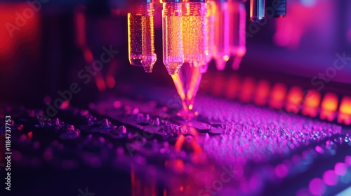 Automated machine dispensing liquid into small containers on a pharmaceutical production line, utilizing advanced technology for efficient and sterile manufacturing