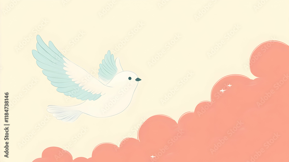 Flat vector of a dwarf bird flying through a pastel-colored sky, drawn with simple, playful lines on a white canvas Flat vector of a dwarf bird flying through a pastel-colored sky, drawn with simple, playful lines on a white canvas