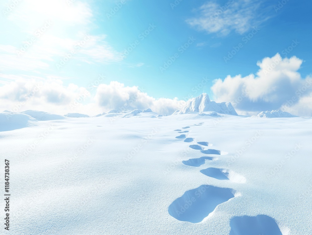 Footprints leading across a snowy landscape towards mountains