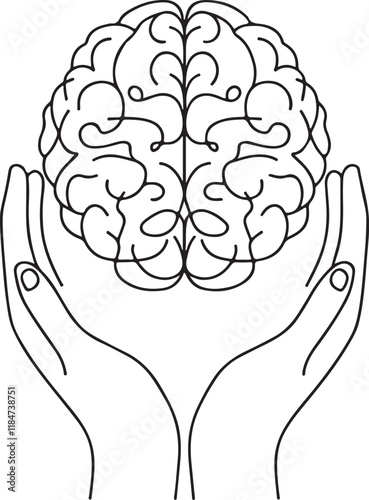 Two Hands Holding Brain Line Art Illustration