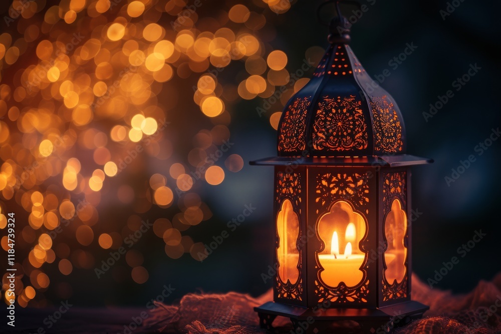 A beautiful ornamental Arabic lantern glowing with a burning candle illuminates a cozy outdoor setting during a warm evening, creating a peaceful ambiance amidst soft bokeh lights A beautiful ornamental Arabic lantern glowing with a burning candle illuminates a cozy outdoor setting during a warm evening, creating a peaceful ambiance amidst soft bokeh lights