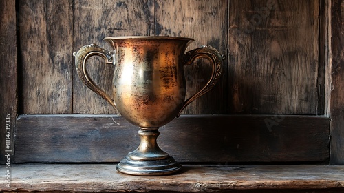A vintage trophy cup with a polished bronze finish, placed against a rustic wooden background 