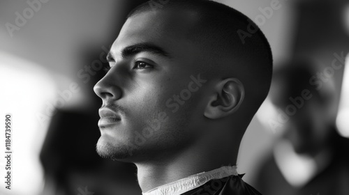 A man with a buzz cut hairstyle, sitting in a barbers chair, with the barber using clippers to perfect the minimalist, clean look.
