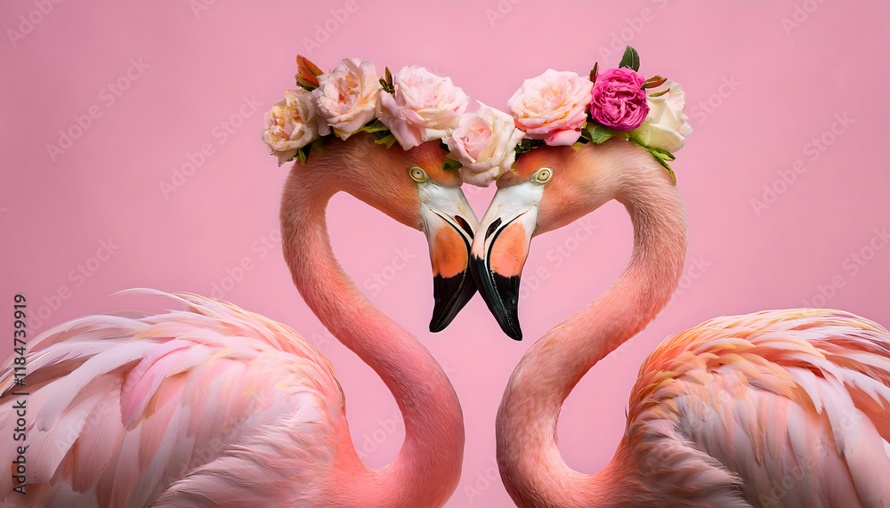 Naklejka premium two, flamingos, flamingo, swans, with, creating, new, heart, shape, speed, head, portrait, like, a, bird, pink, animal, nature, love, valentine, day, concept, card, design, close up, wedding, ad, 2