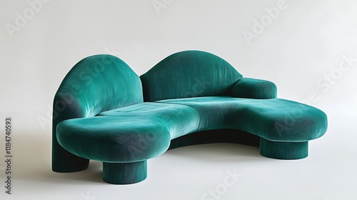 A vibrant teal-green sofa showcasing a sculptural structure and smooth upholstery 