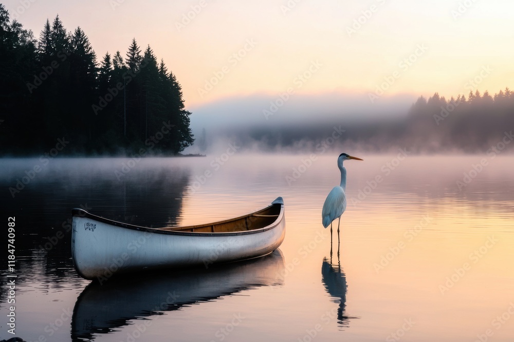 Serene Morning at Lake with Canoe and Great Egret in Misty Sunrise Serene Morning at Lake with Canoe and Great Egret in Misty Sunrise
