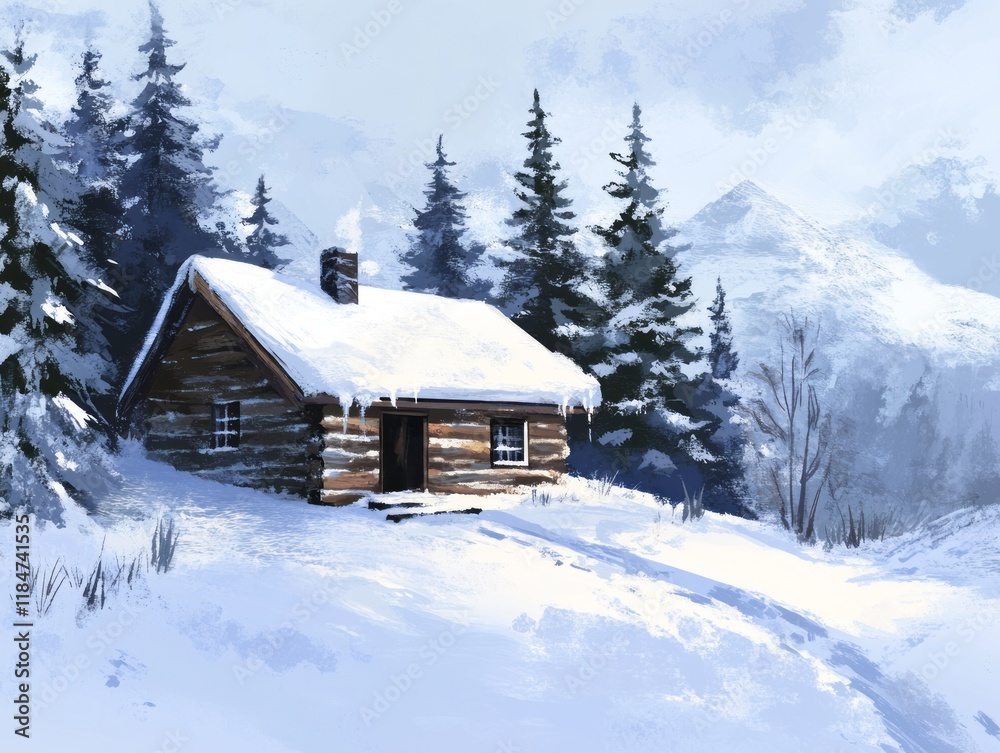 Snowy Log Cabin nestled in a Winter Mountain Forest Snowy Log Cabin nestled in a Winter Mountain Forest