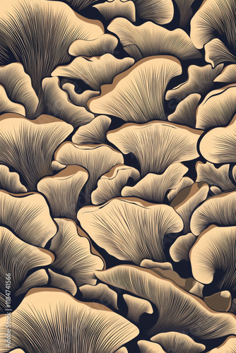 Golden oyster mushroom line art wallpaper pattern. Luxury natural hand drawn oyster mushroom pattern design in minimalist linear contour style for fabric, wallcovering, banner, invitation photo