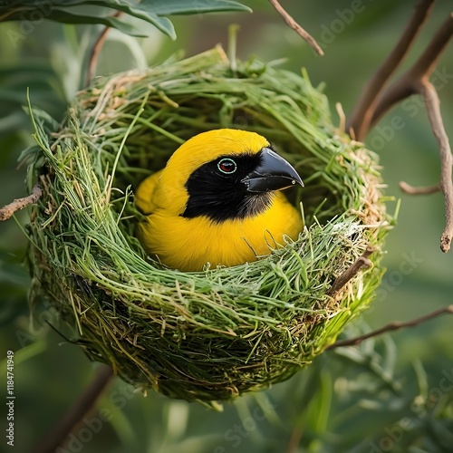 Red-Headed Bird Resting Comfortably in Nest photo