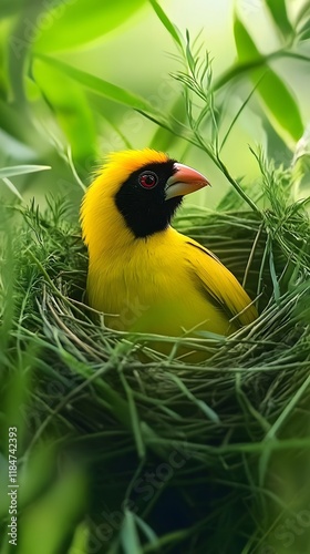 Yellow Feathered Bird Relaxing in Its Nest photo
