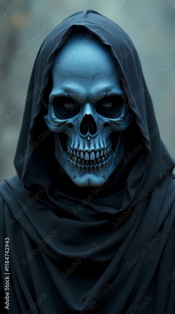 Skull face in black robe in fantasy art style Skull face in black robe in fantasy art style