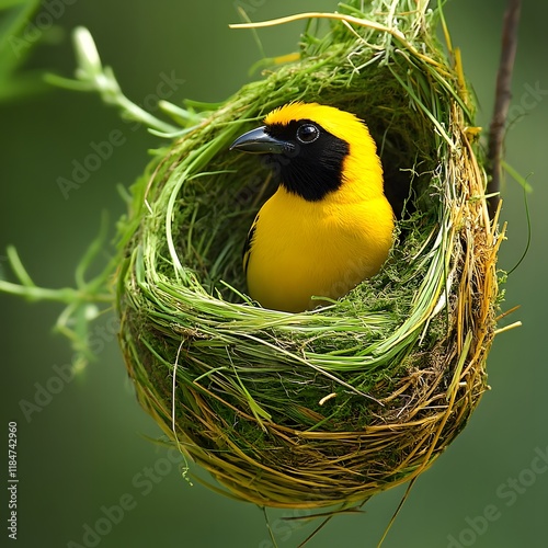 Nestled Yellow Bird with Stunning Red Crown photo