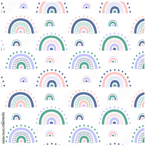 Abstract pattern in scandinavian style with colorful rainbows on white background. Vector illustration for wallpapers, textile, wrapping paper