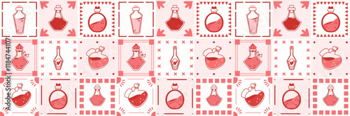 Seamless pattern with potions in retro style. Pink Background with magic potions.
