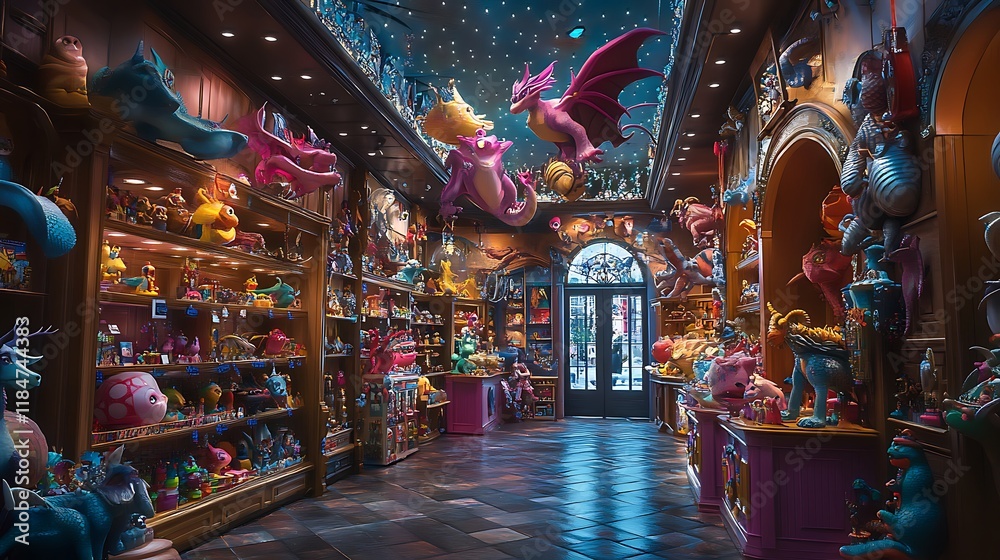 Fantasy toy store with magical creatures and vibrant displays Fantasy toy store with magical creatures and vibrant displays