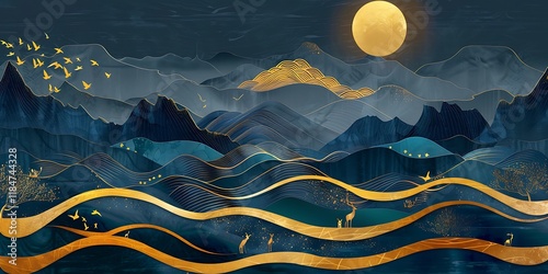 3d modern art mural wallpaper with dark blue and golden wave background. mountains, golden deer and birds. gold on a dark blue backdrop background