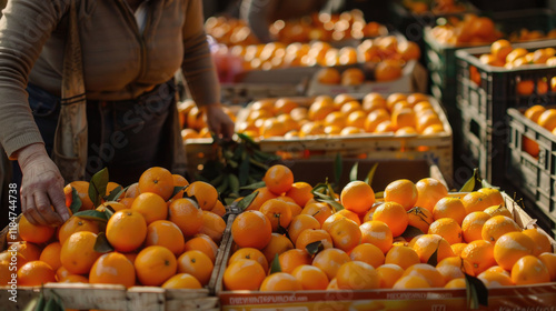Fresh Oranges in Wooden Crates at a Vibrant Outdoor Market with Sunlight and Green Leaves