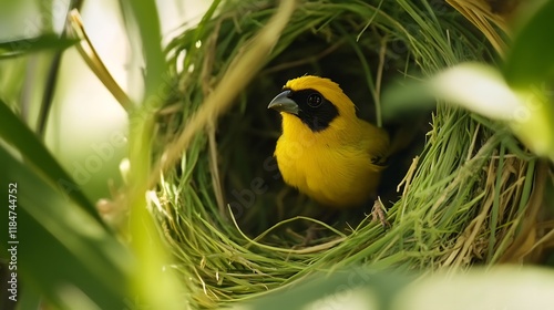 Delicate Bird Resting Quietly in Woven Nest photo