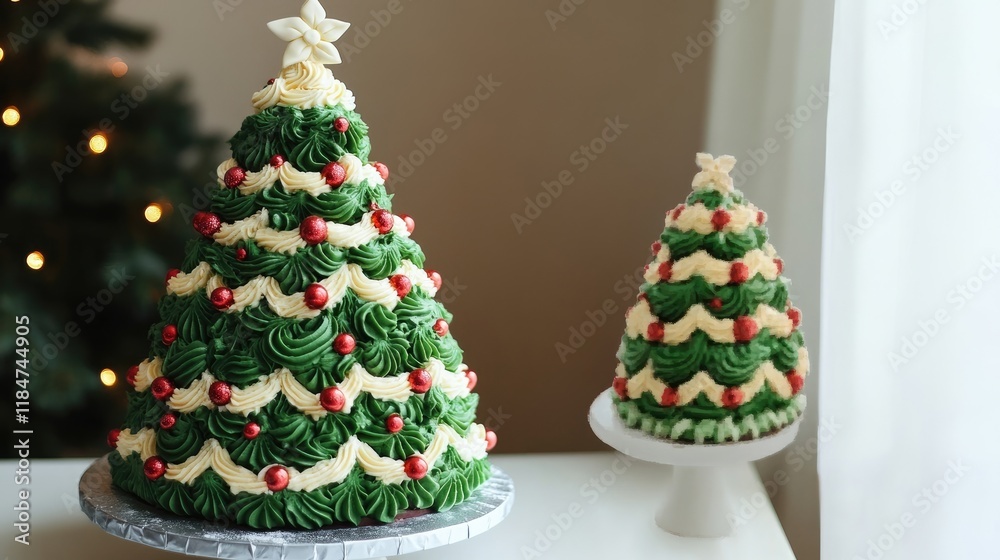 A festive pair of buttercream Christmas trees, one large and one small, adorned with red and white accents. A delightful holiday treat! A festive pair of buttercream Christmas trees, one large and one small, adorned with red and white accents. A delightful holiday treat!