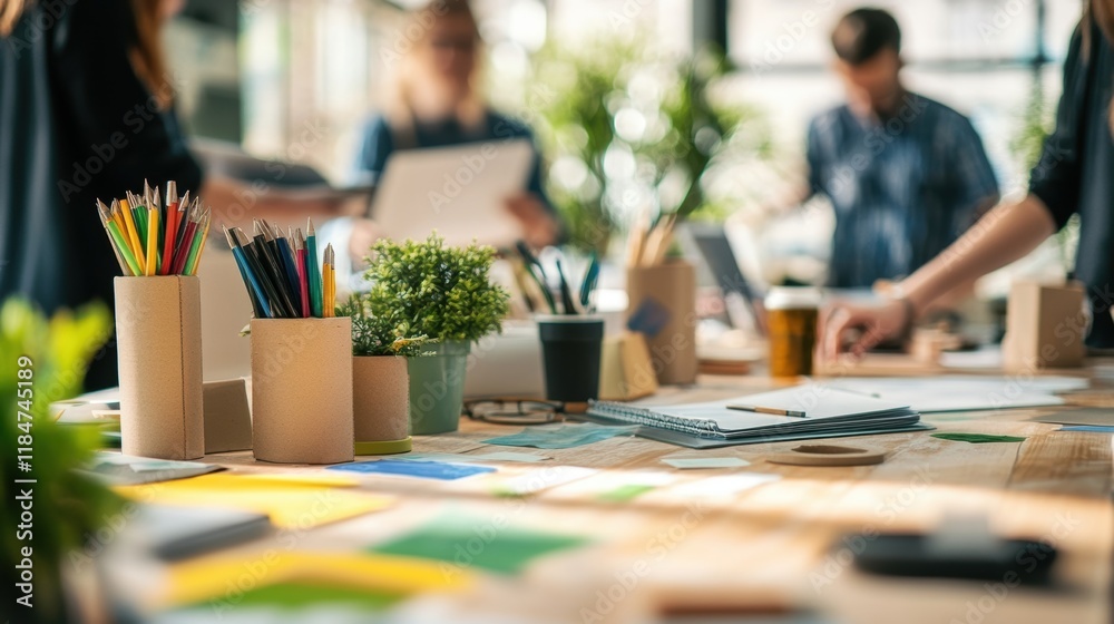 Fototapeta premium Office desk filled with colored pencils, plants, notepad, and sticky notes, while creative professionals collaborate on projects in the blurred background