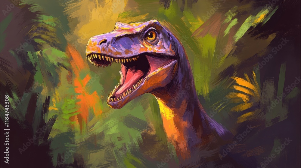 Obraz premium Colorful Dinosaur Portrait in Lush Jungle Environment