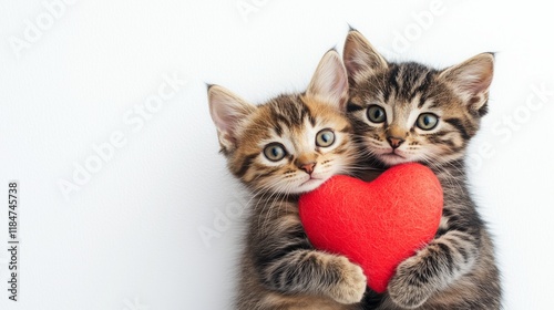 Two cute kittens holding red heart together white background, love and romantic.