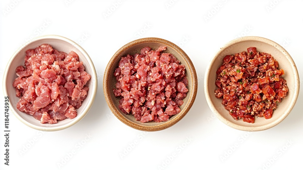 Fresh Ground Meat Variety in Bowls for Culinary Preparation