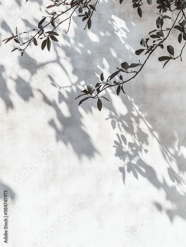 Leafy branches create intricate shadows against a light-colored wall, highlighting the contrast between nature and urban settings. This serene visual adds depth and texture to any design