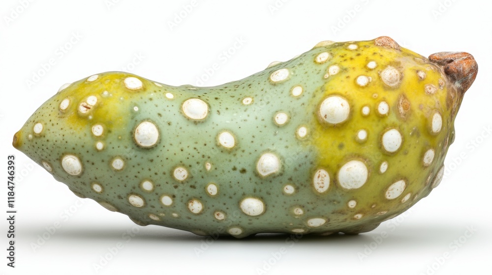 Unique Spiky Green Fruit with Yellow Dots on White Background Unique Spiky Green Fruit with Yellow Dots on White Background